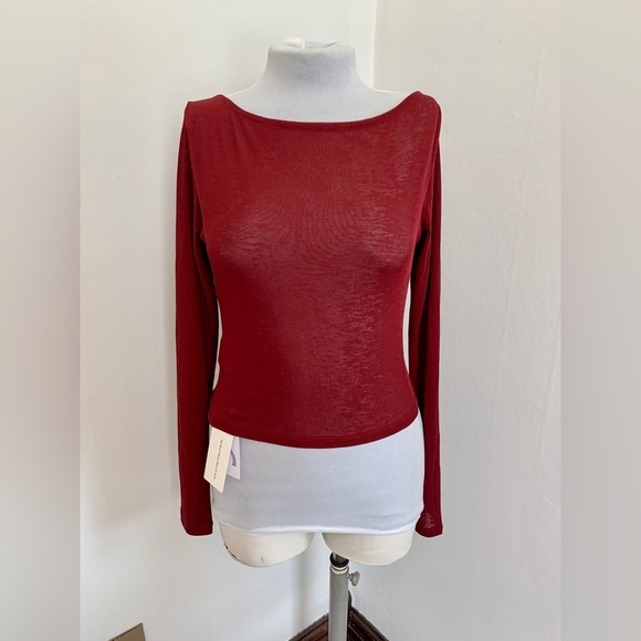 NWT COMMENSE red Cowl Neck knit top Red Stretch Ruched Minimal Sheer Sexy Med - Picture 3 of 10